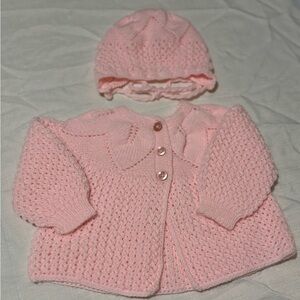Vintage Pink Knitted Baby Cardigan and Hat Set